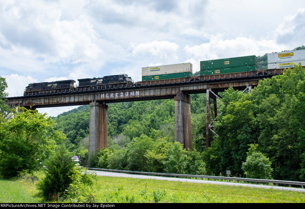 An eastbound NS intermodal crosses Running Water Trestle